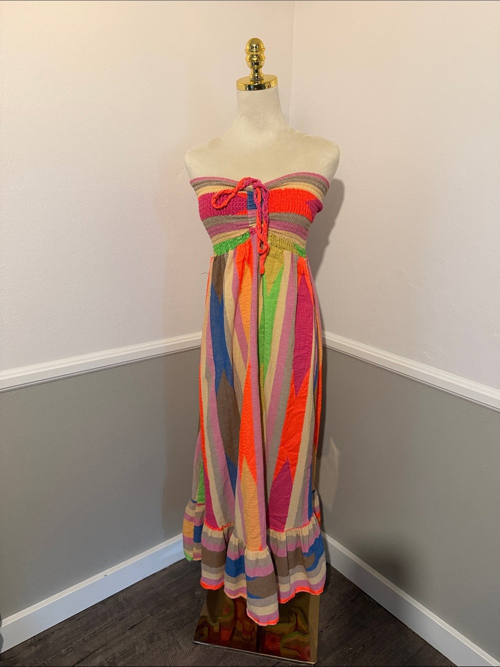Striped Multicolor Strapless Maxi Dress - Vibrant Pink & Orange